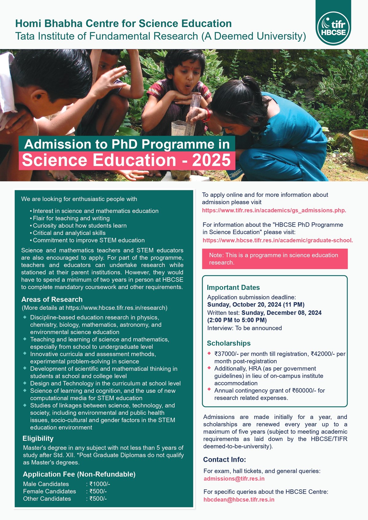 hbcse phd in science education